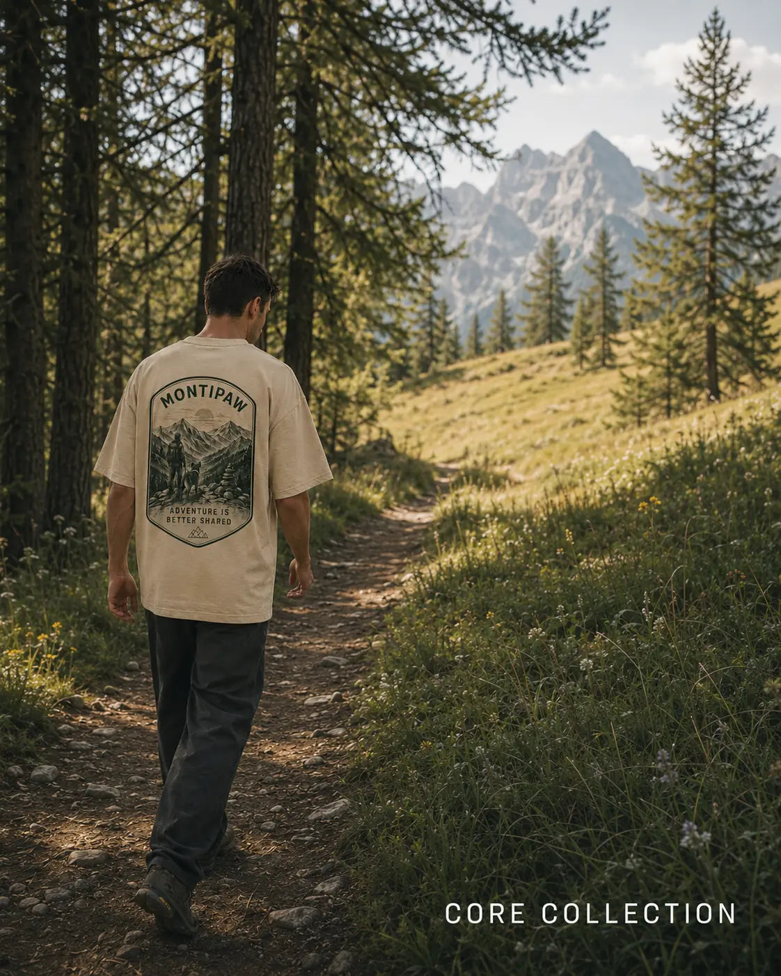 Mann im beigen Montipaw Oversized Shirt mit großem Bergmotiv auf dem Rücken wandert durch einen alpinen Wald.