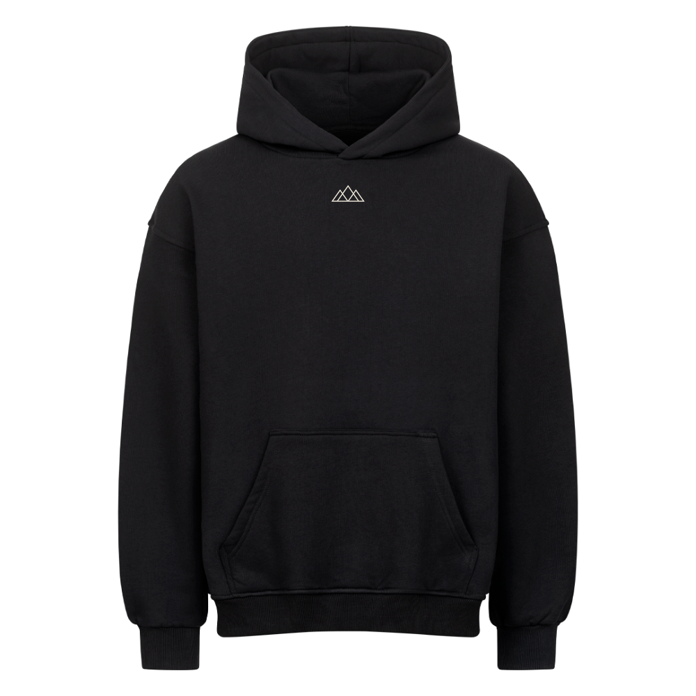 Schwarzer Montipaw Oversized Hoodie in Vorderansicht mit Kapuze, Kängurutasche und dezentem weißen Berglogo auf der Brust.