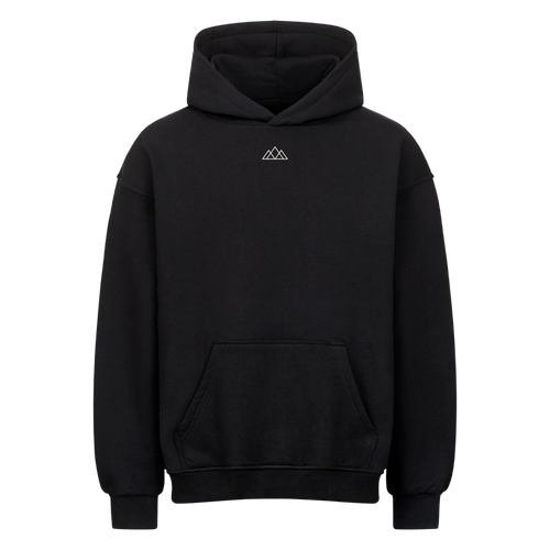 Schwarzer Montipaw Oversized Hoodie in Vorderansicht mit Kapuze, Kängurutasche und dezentem weißen Berglogo auf der Brust.