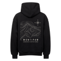 Schwarzer Montipaw Oversized Hoodie in Rückansicht mit weißem topografischem Bergmotiv, Kompass und „Adventure is better shared“-Schriftzug.