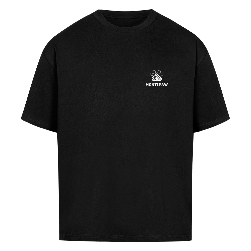 Schwarzes Oversized-T-Shirt in Frontansicht mit kleinem weißem Montipaw-Pfoten- und Berglogo auf der Brust.