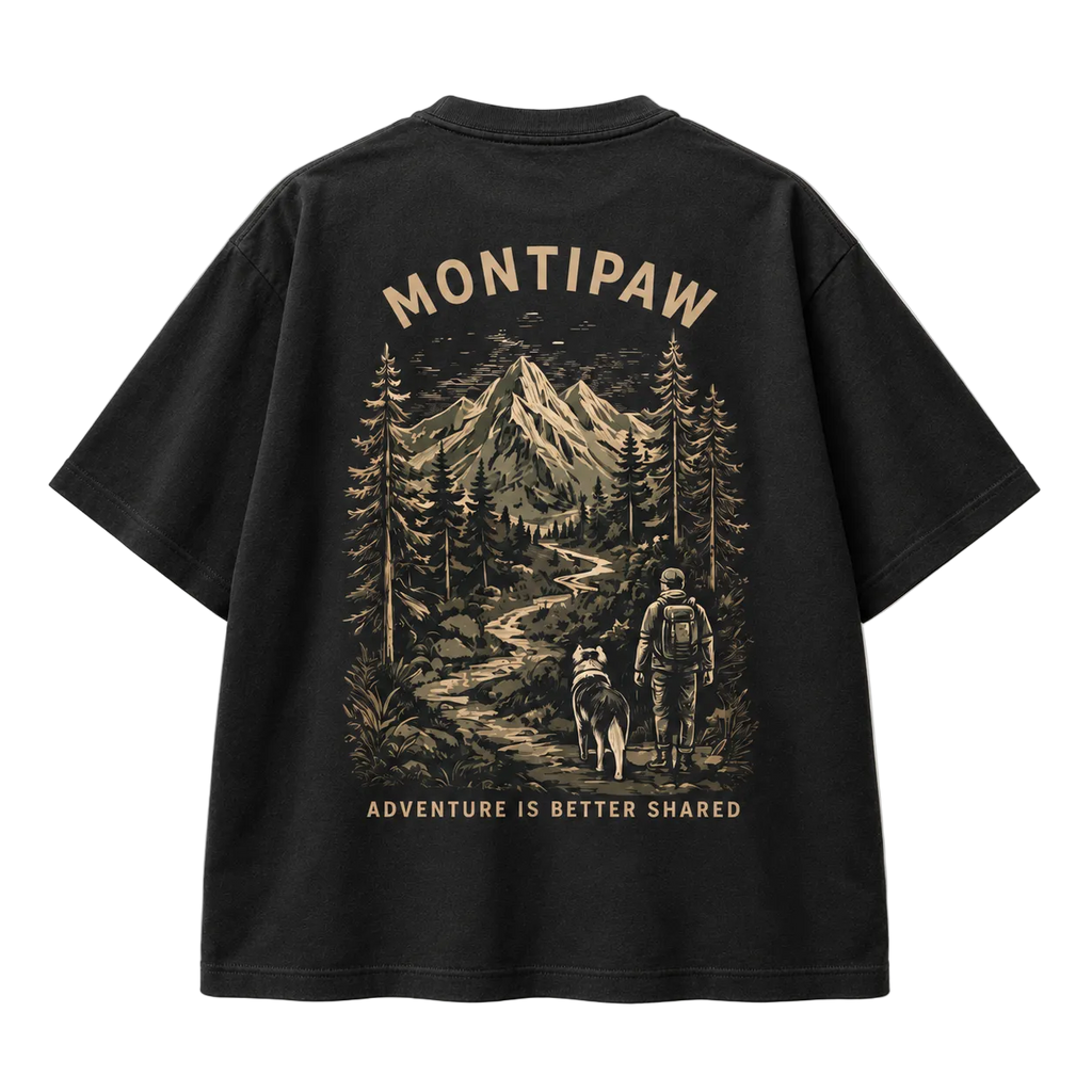 Schwarzes Montipaw Oversize-Shirt mit großem Alpen-Backprint, Wanderer und Hund in der Berglandschaft