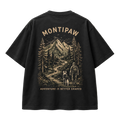 Schwarzes Montipaw Oversize-Shirt mit großem Alpen-Backprint, Wanderer und Hund in der Berglandschaft
