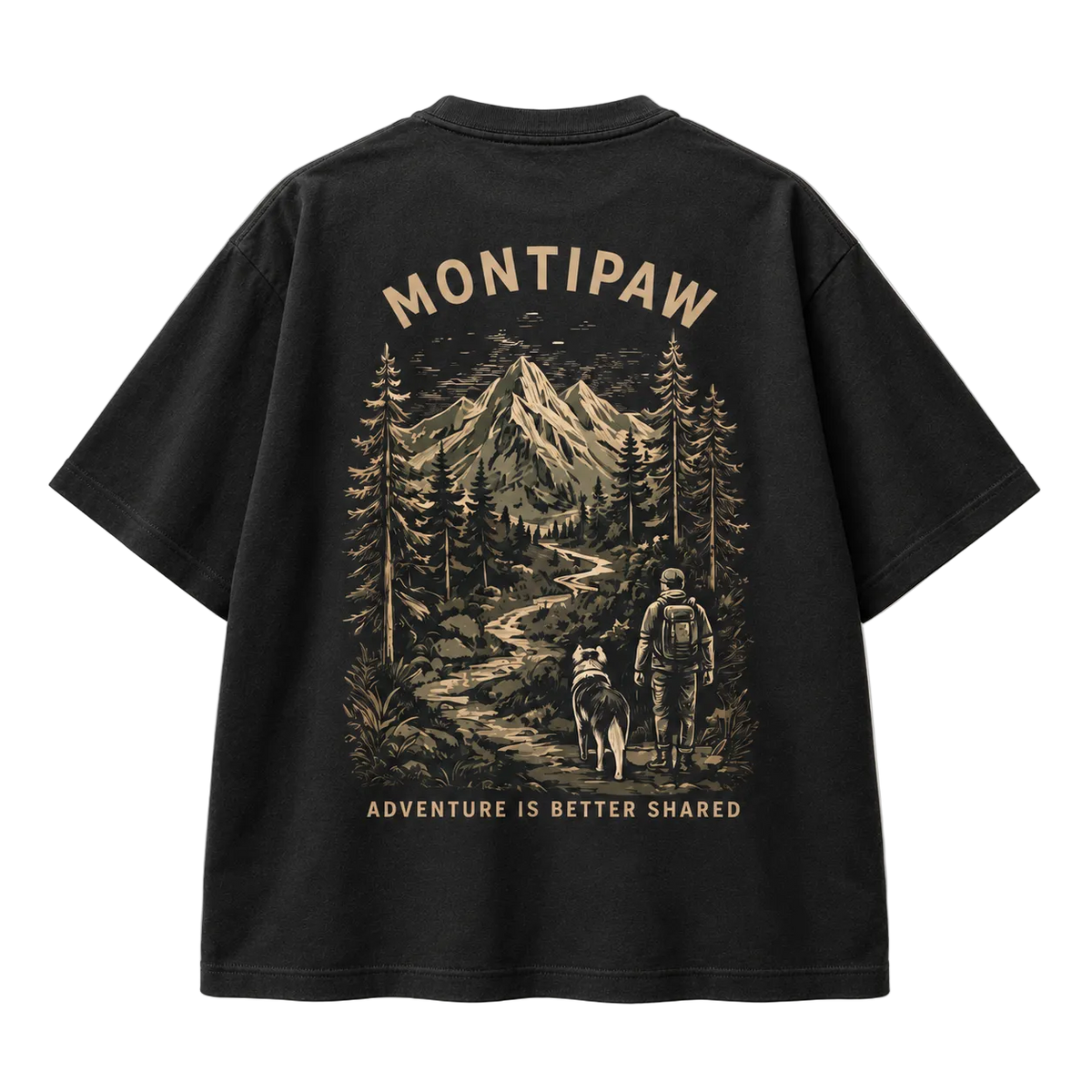 Schwarzes Montipaw Oversize-Shirt mit großem Alpen-Backprint, Wanderer und Hund in der Berglandschaft