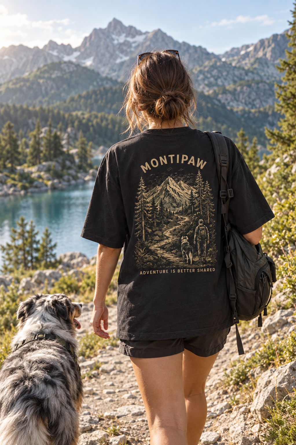 Frau im schwarzen Montipaw Oversize-Shirt mit Australian Shepherd auf einem Wanderweg in den Alpen