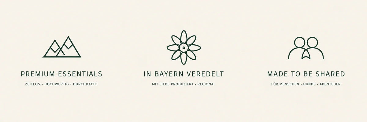 Die Montipaw-Werte: hochwertige Essentials, Veredelung in Bayern und gemeinsame Abenteuer für Menschen und Hunde.